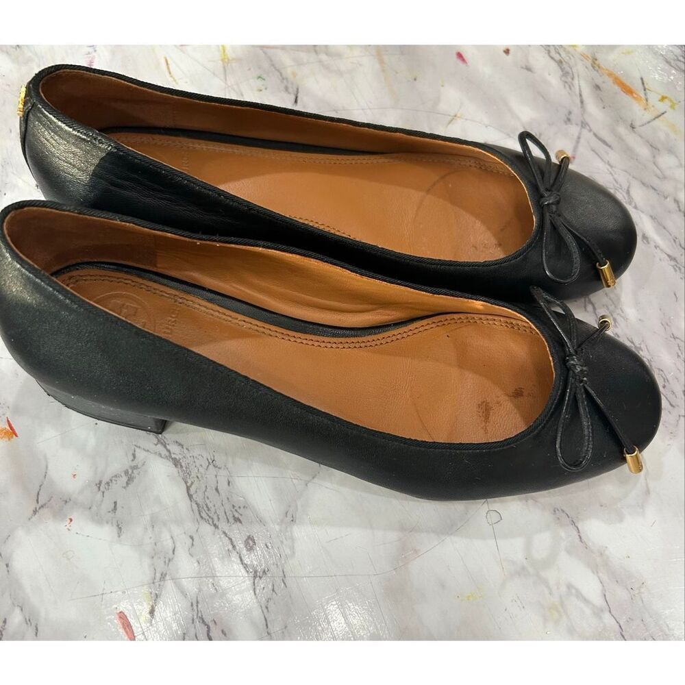 TORY BURCH Brooke Bow 25MM Perfect Black Ballet Nappa Leather Heels Shoes sz 6 - Picture 2 of 5